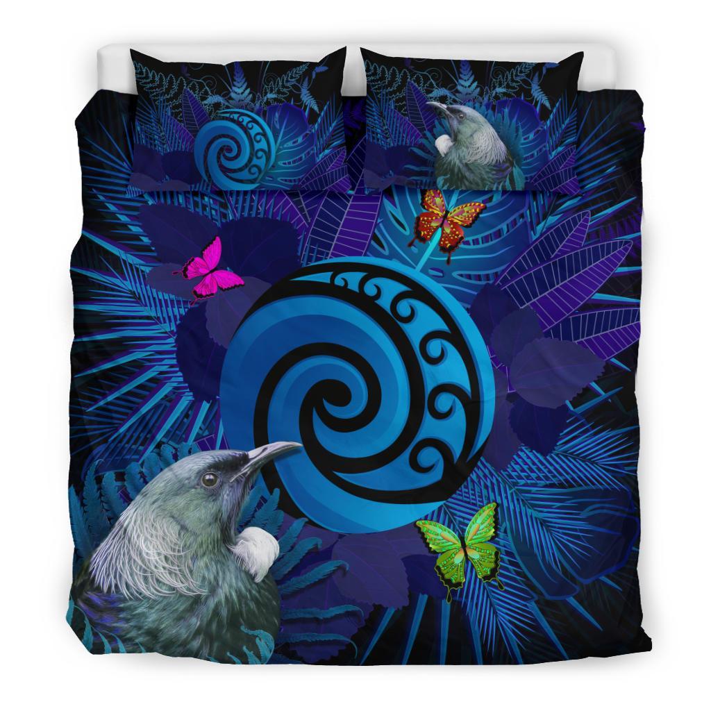 new-zealand-bedding-set-koru-fern-mix-tui-bird-tropical-floral-blue
