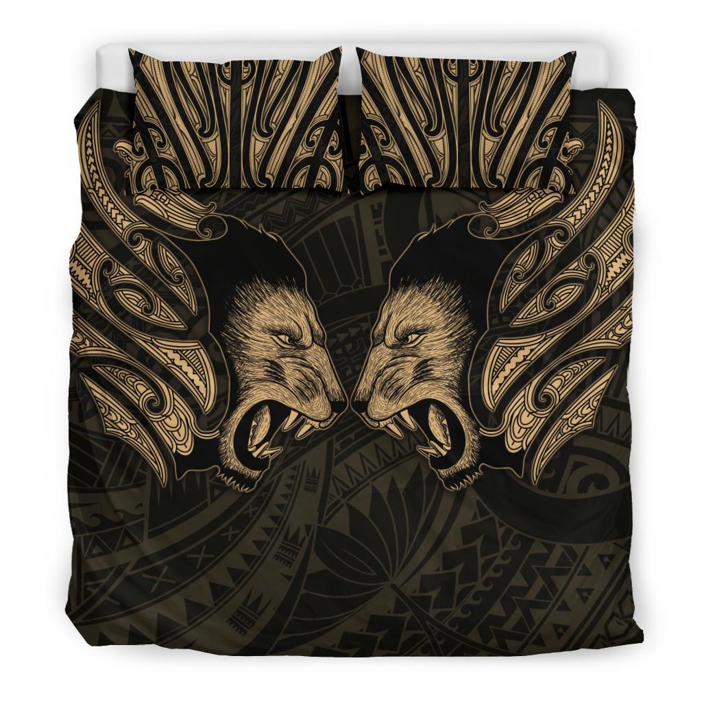 double-lion-maori-tattoo-bedding-set-new-zealand-gold