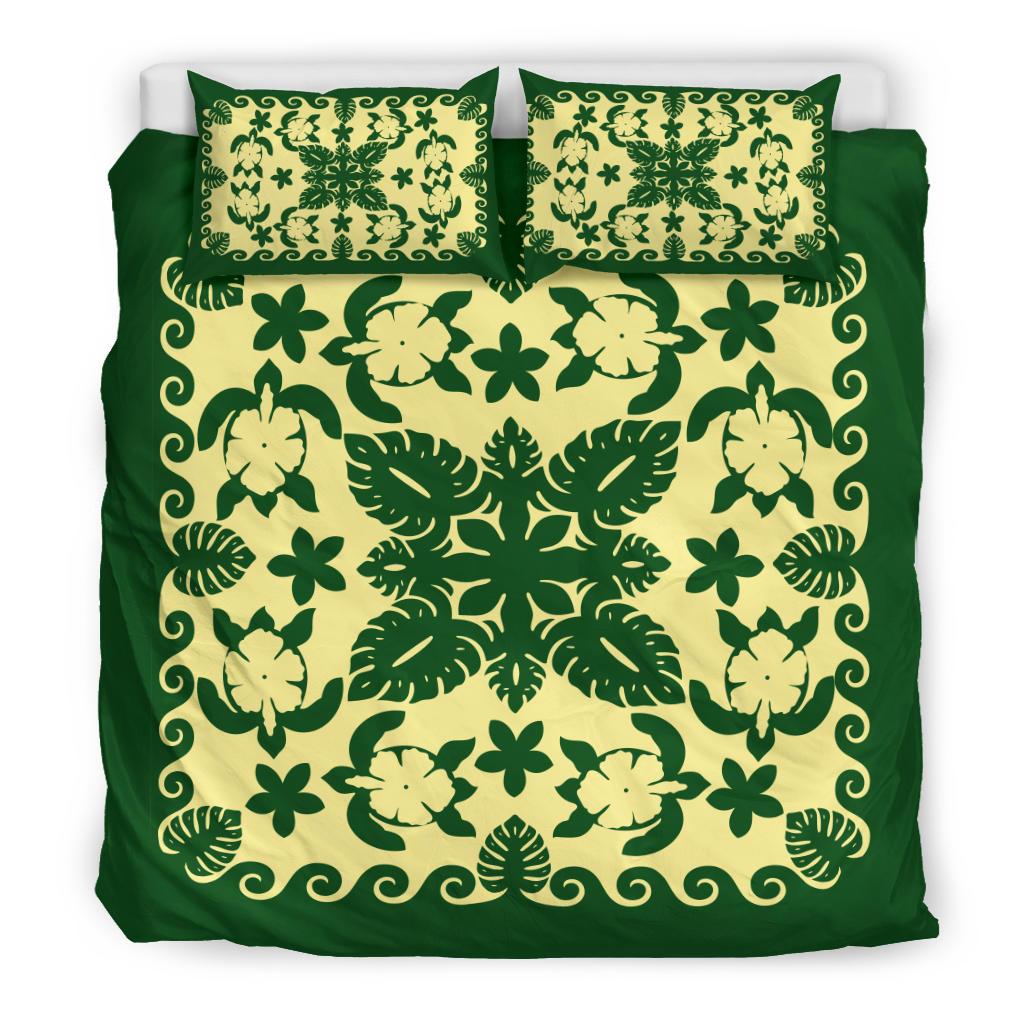 turtle-with-hibiscus-royal-green-bedding-set-palm-leaf