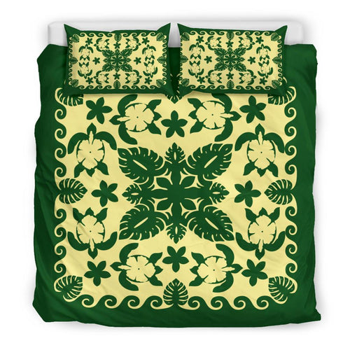 turtle-with-hibiscus-royal-green-bedding-set-palm-leaf