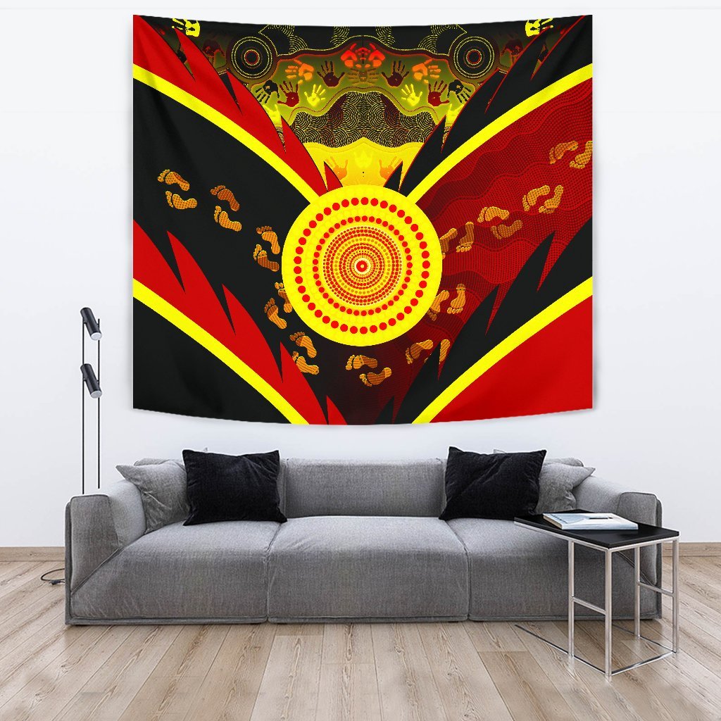 aboriginal-tapestry-indigenous-flag-with-footprint-hand-art
