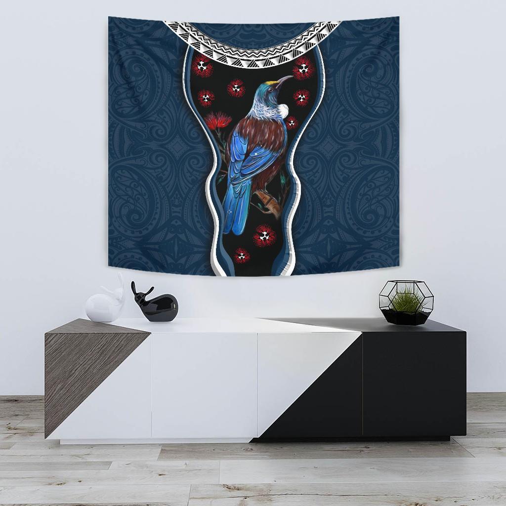 new-zealand-tui-bird-tapestry-pohutukawa-navy