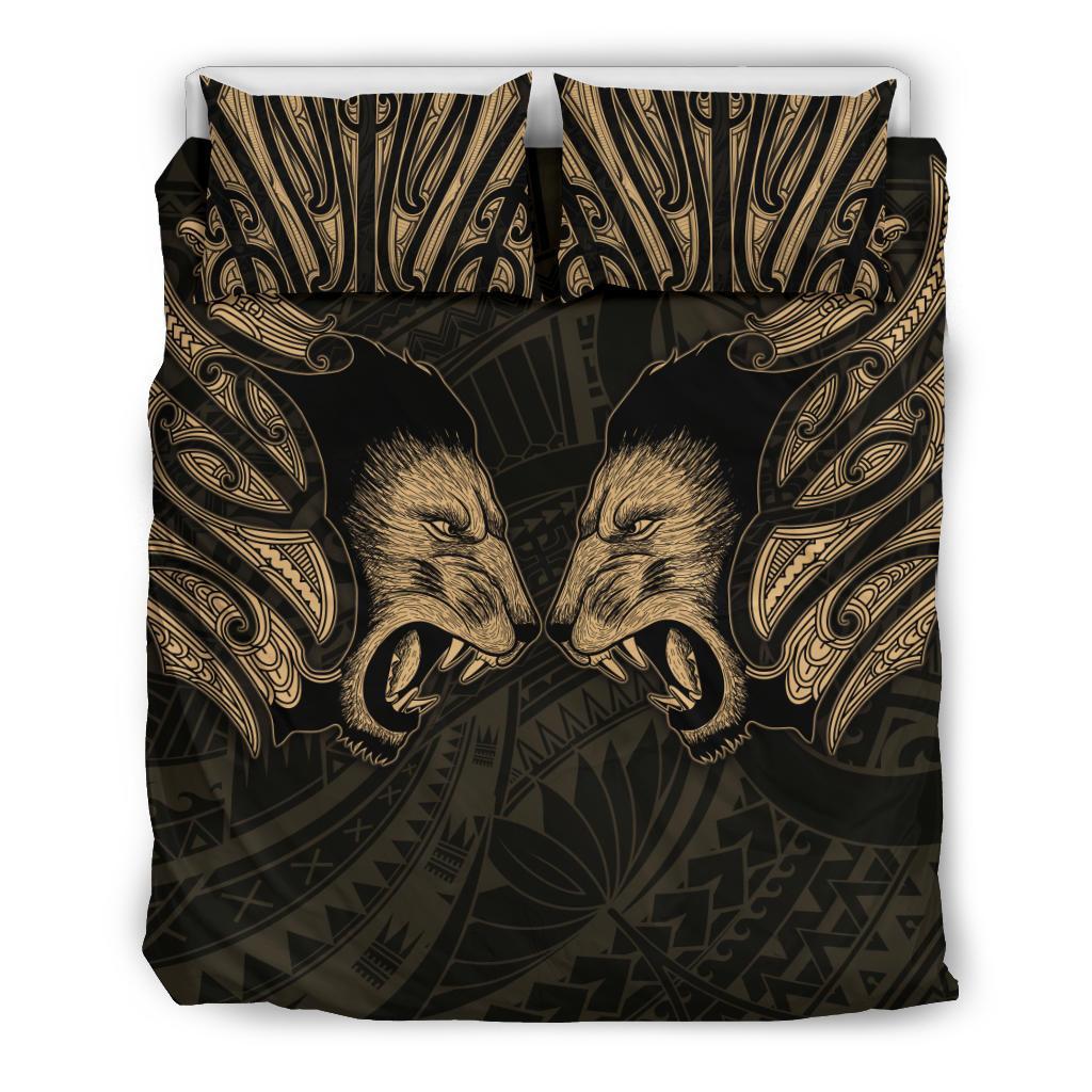double-lion-maori-tattoo-bedding-set-new-zealand-gold