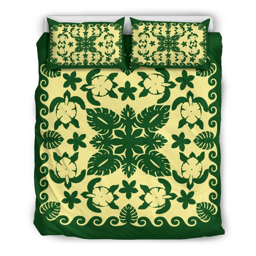 turtle-with-hibiscus-royal-green-bedding-set-palm-leaf