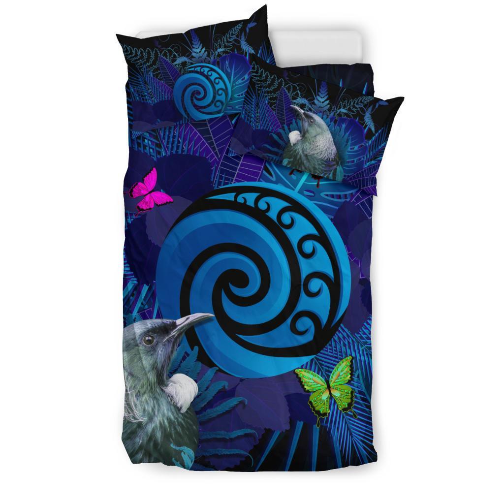 new-zealand-bedding-set-koru-fern-mix-tui-bird-tropical-floral-blue