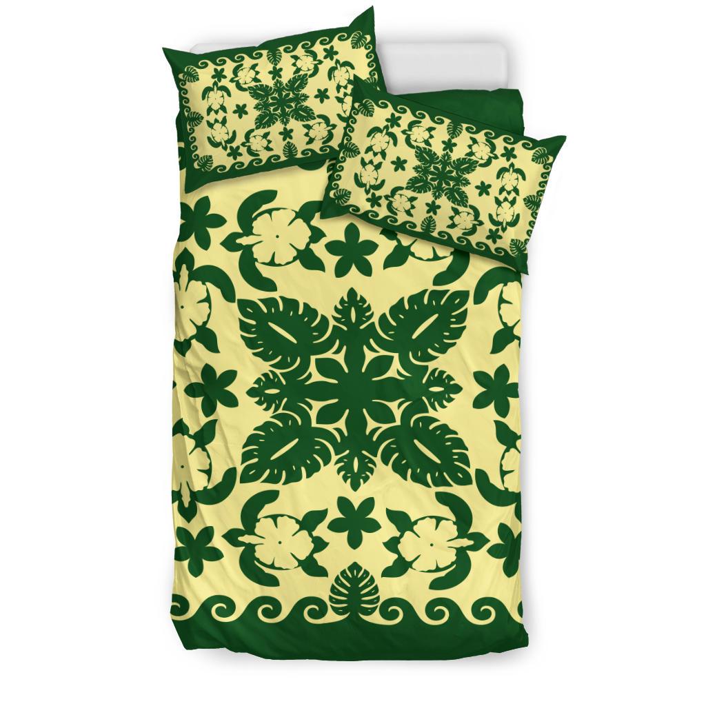 turtle-with-hibiscus-royal-green-bedding-set-palm-leaf