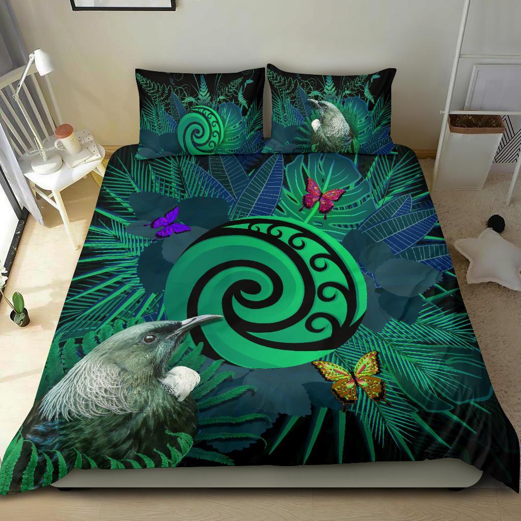 new-zealand-bedding-set-koru-fern-mix-tui-bird-tropical-floral-turquoise