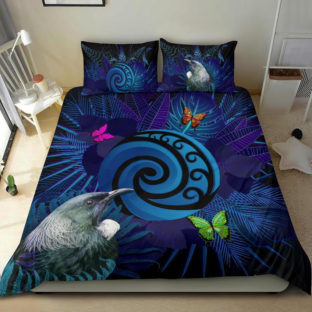 new-zealand-bedding-set-koru-fern-mix-tui-bird-tropical-floral-blue