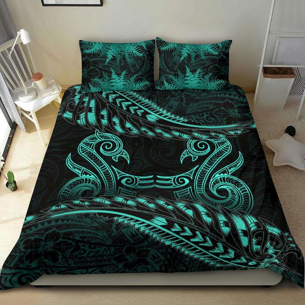new-zealand-bedding-set-turquoise-manaia-maori-silver-fern-duvet-cover