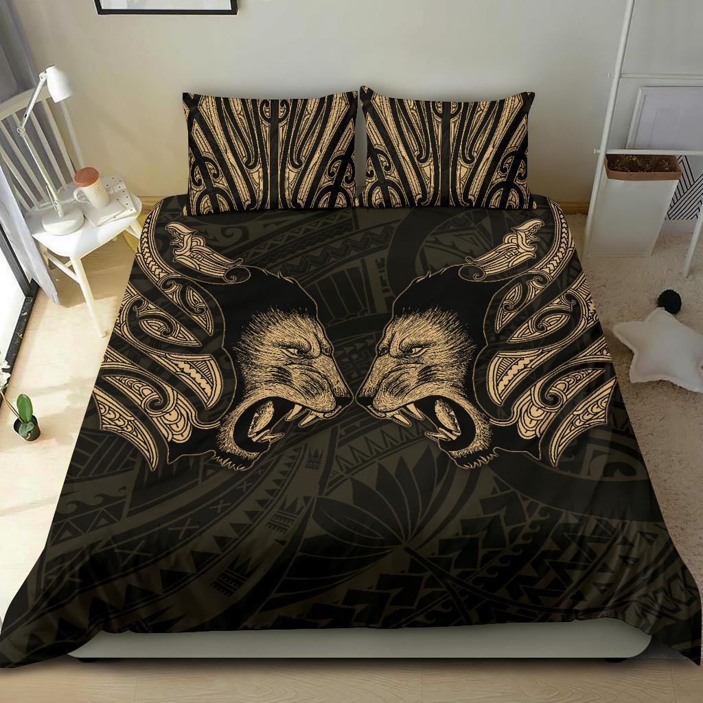 double-lion-maori-tattoo-bedding-set-new-zealand-gold