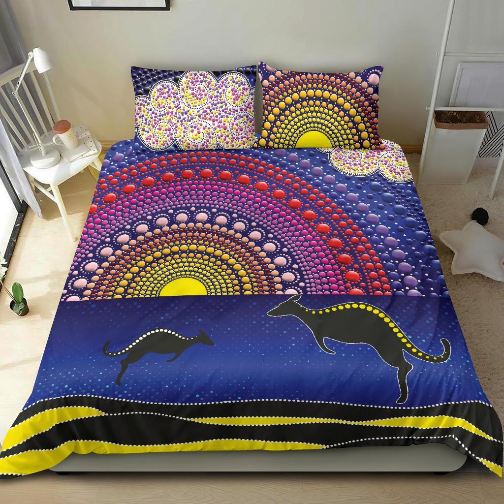 aboriginal-bedding-set-sunset-over-the-sea-and-kangaroo-dot-painting