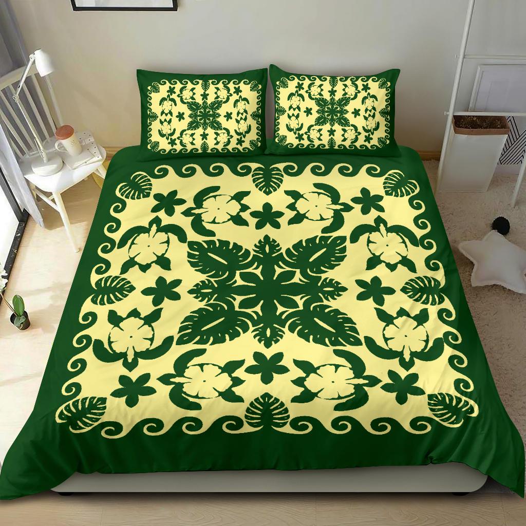 turtle-with-hibiscus-royal-green-bedding-set-palm-leaf