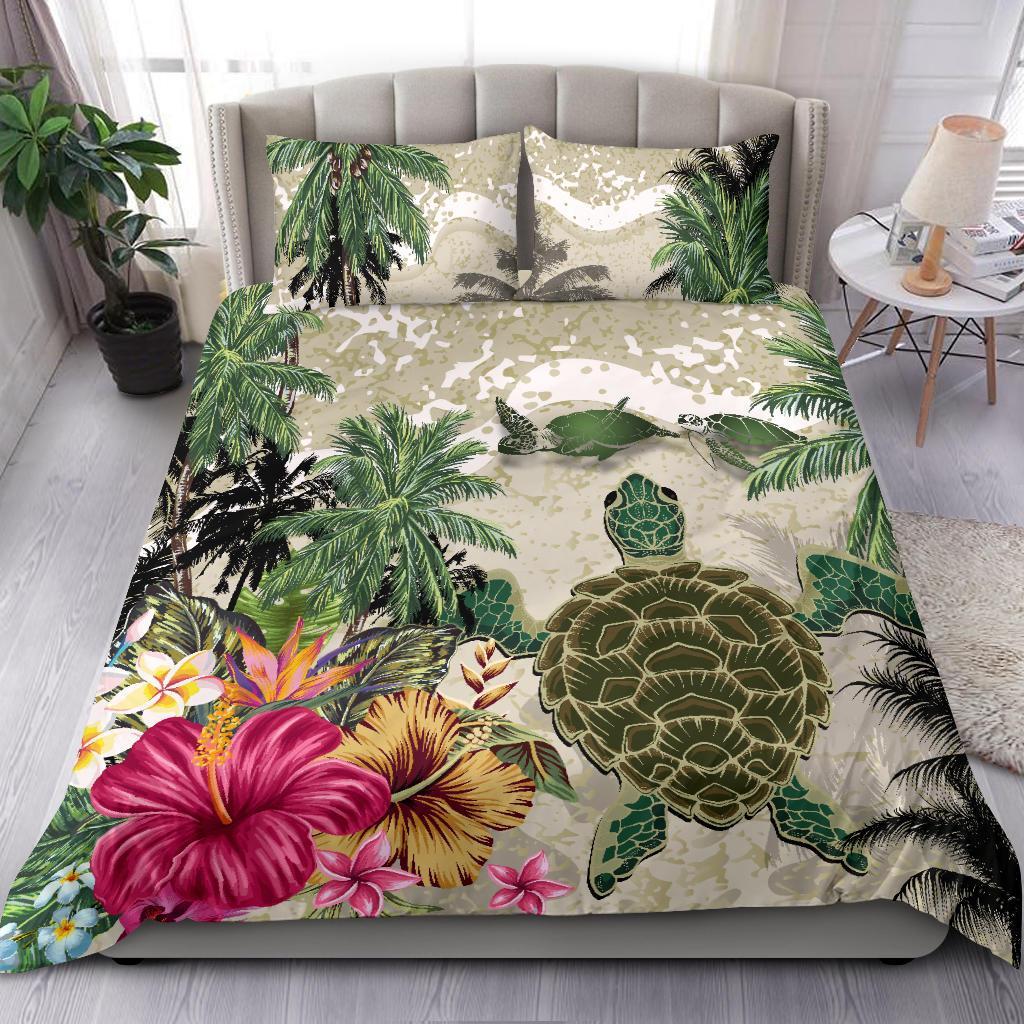 turtle-and-coconut-tree-bedding-set-hibiscus-and-turtle-on-the-beach