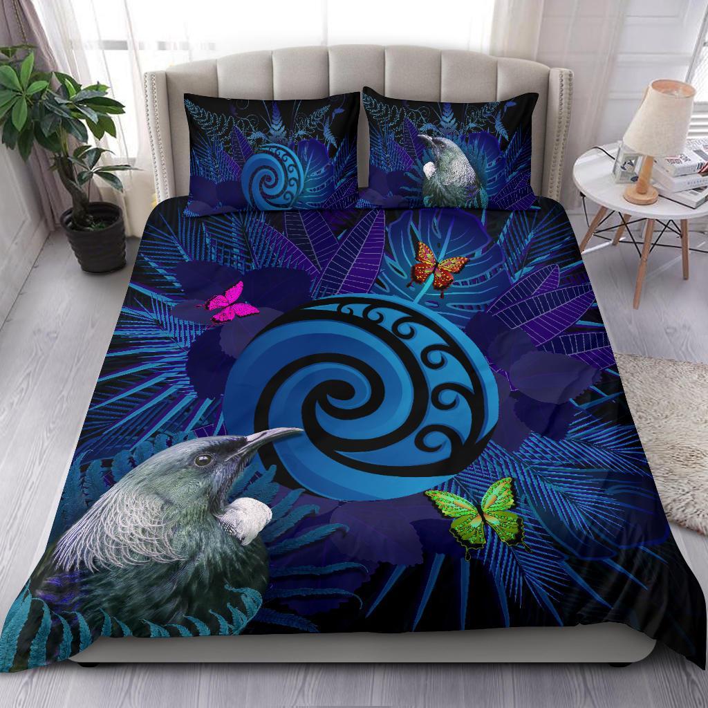 new-zealand-bedding-set-koru-fern-mix-tui-bird-tropical-floral-blue