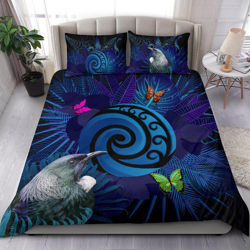 new-zealand-bedding-set-koru-fern-mix-tui-bird-tropical-floral-blue