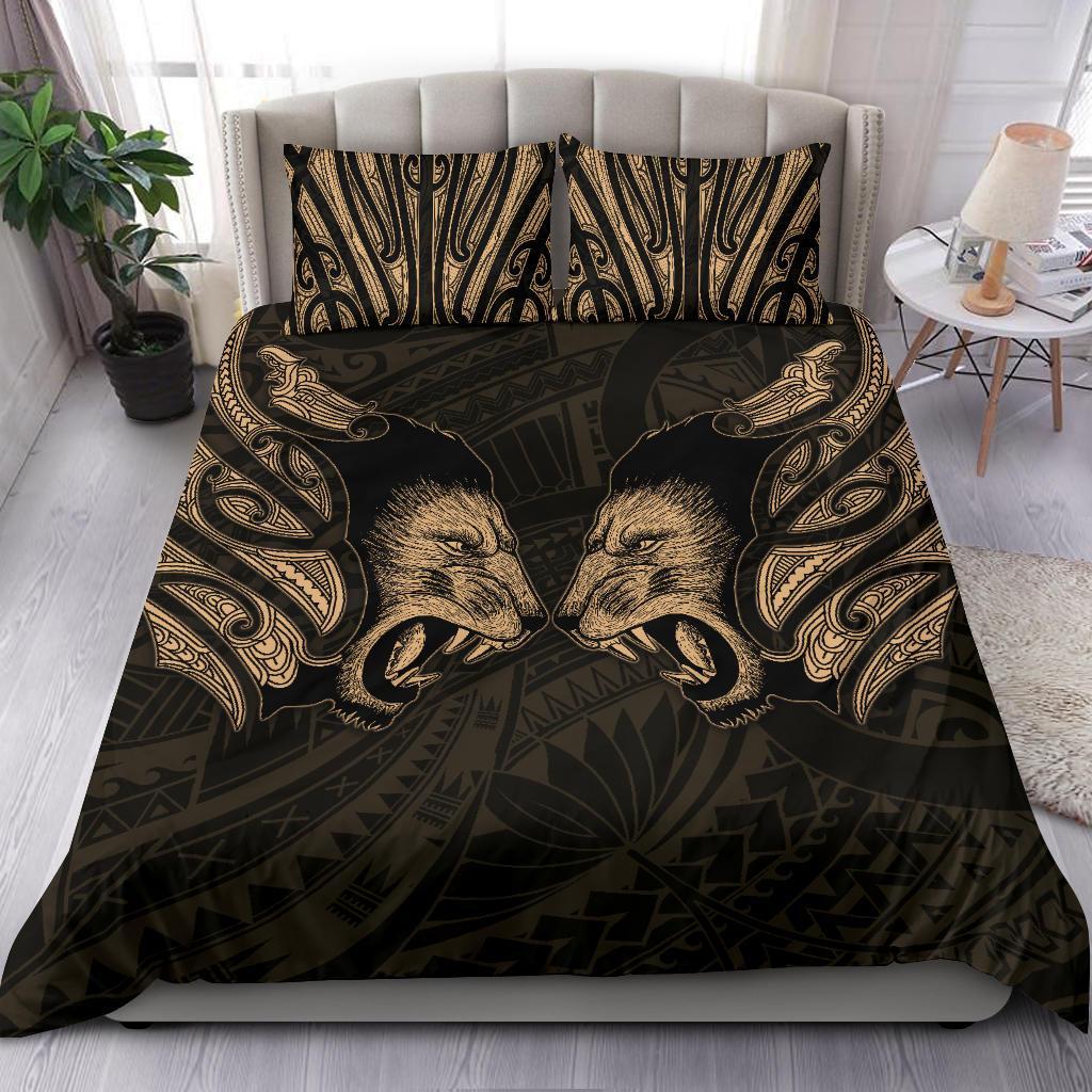 double-lion-maori-tattoo-bedding-set-new-zealand-gold