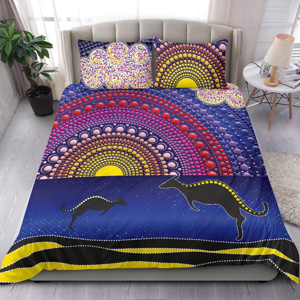 aboriginal-bedding-set-sunset-over-the-sea-and-kangaroo-dot-painting