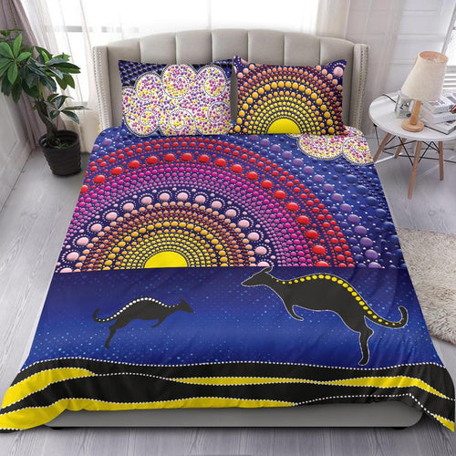 aboriginal-bedding-set-sunset-over-the-sea-and-kangaroo-dot-painting