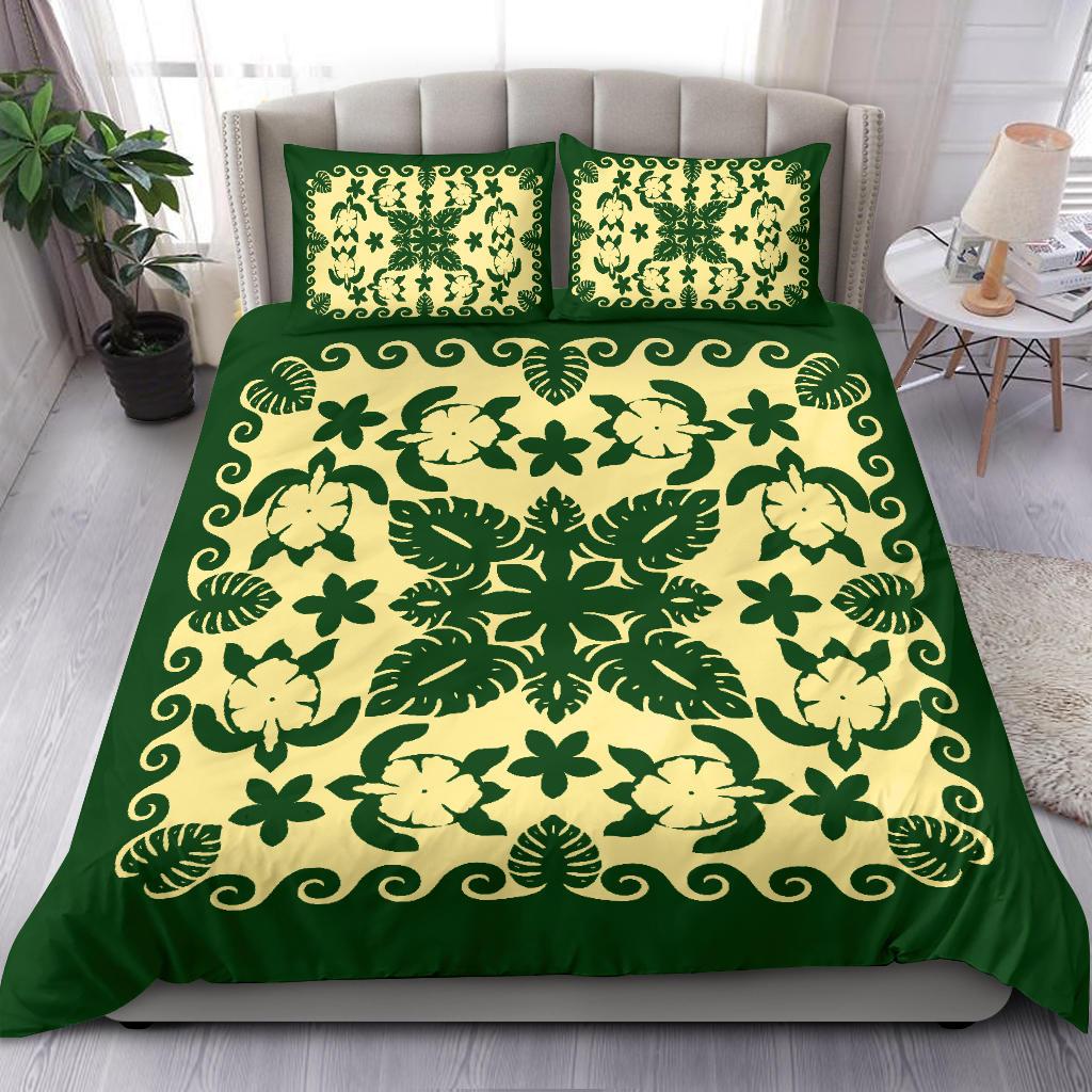 turtle-with-hibiscus-royal-green-bedding-set-palm-leaf