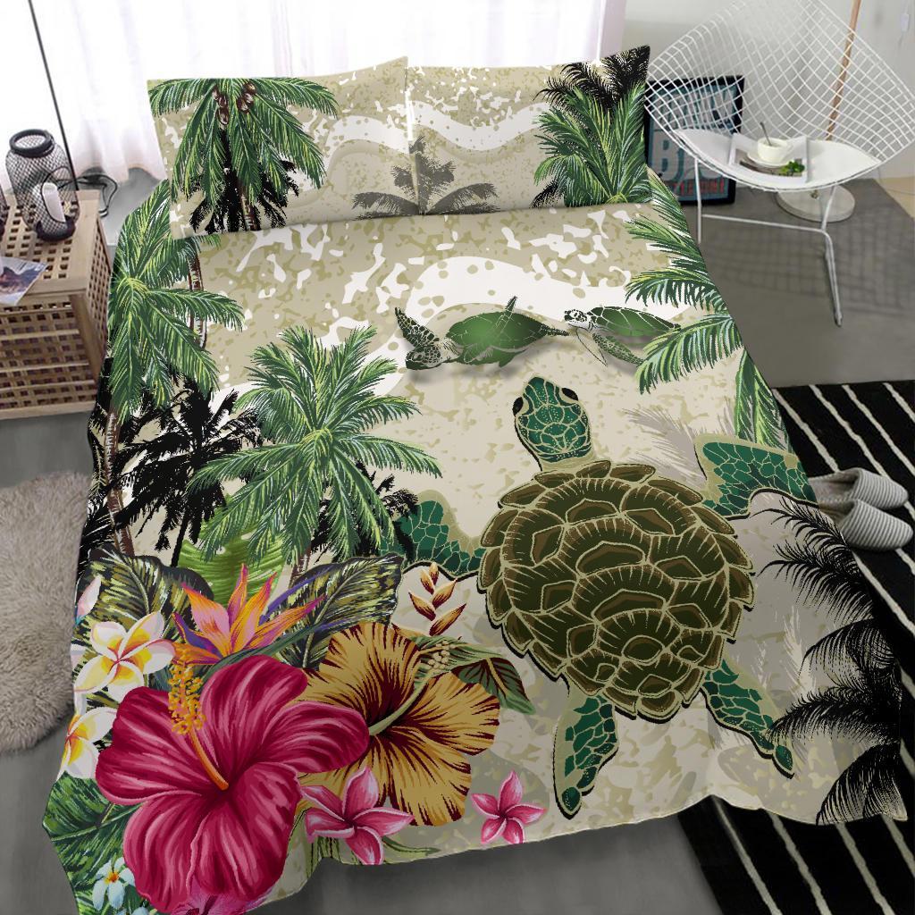turtle-and-coconut-tree-bedding-set-hibiscus-and-turtle-on-the-beach