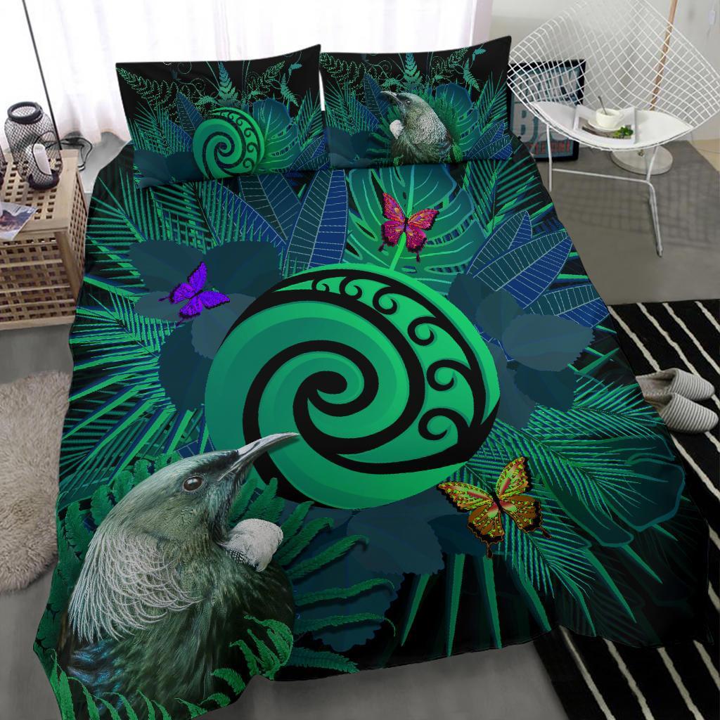 new-zealand-bedding-set-koru-fern-mix-tui-bird-tropical-floral-turquoise