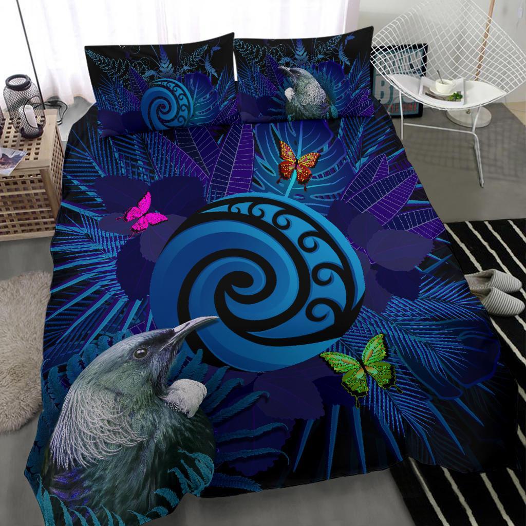 new-zealand-bedding-set-koru-fern-mix-tui-bird-tropical-floral-blue