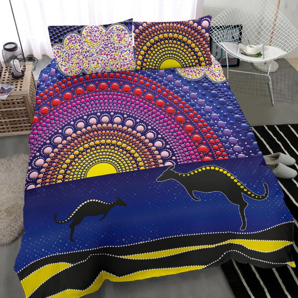 aboriginal-bedding-set-sunset-over-the-sea-and-kangaroo-dot-painting