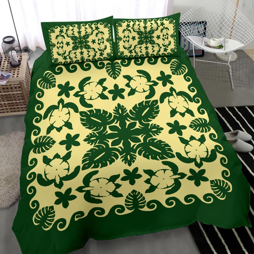 turtle-with-hibiscus-royal-green-bedding-set-palm-leaf