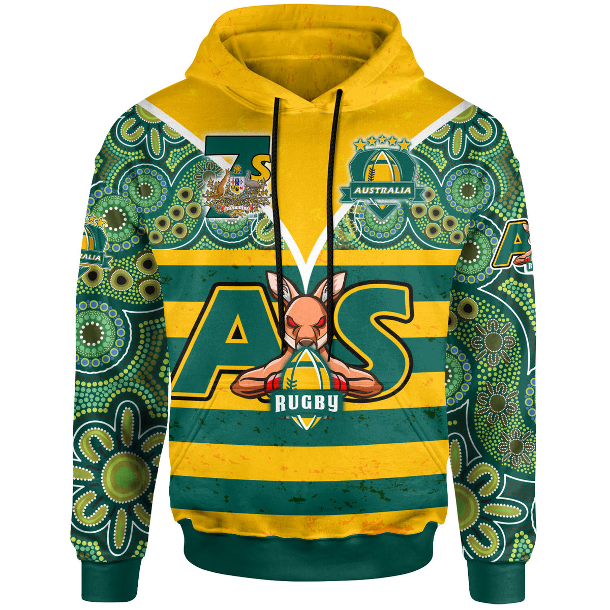 australian-rugby-sevens-mens-squad-hoodie-custom-kangaroo-mascot-rugby-aboriginal-lines-style-hoodie