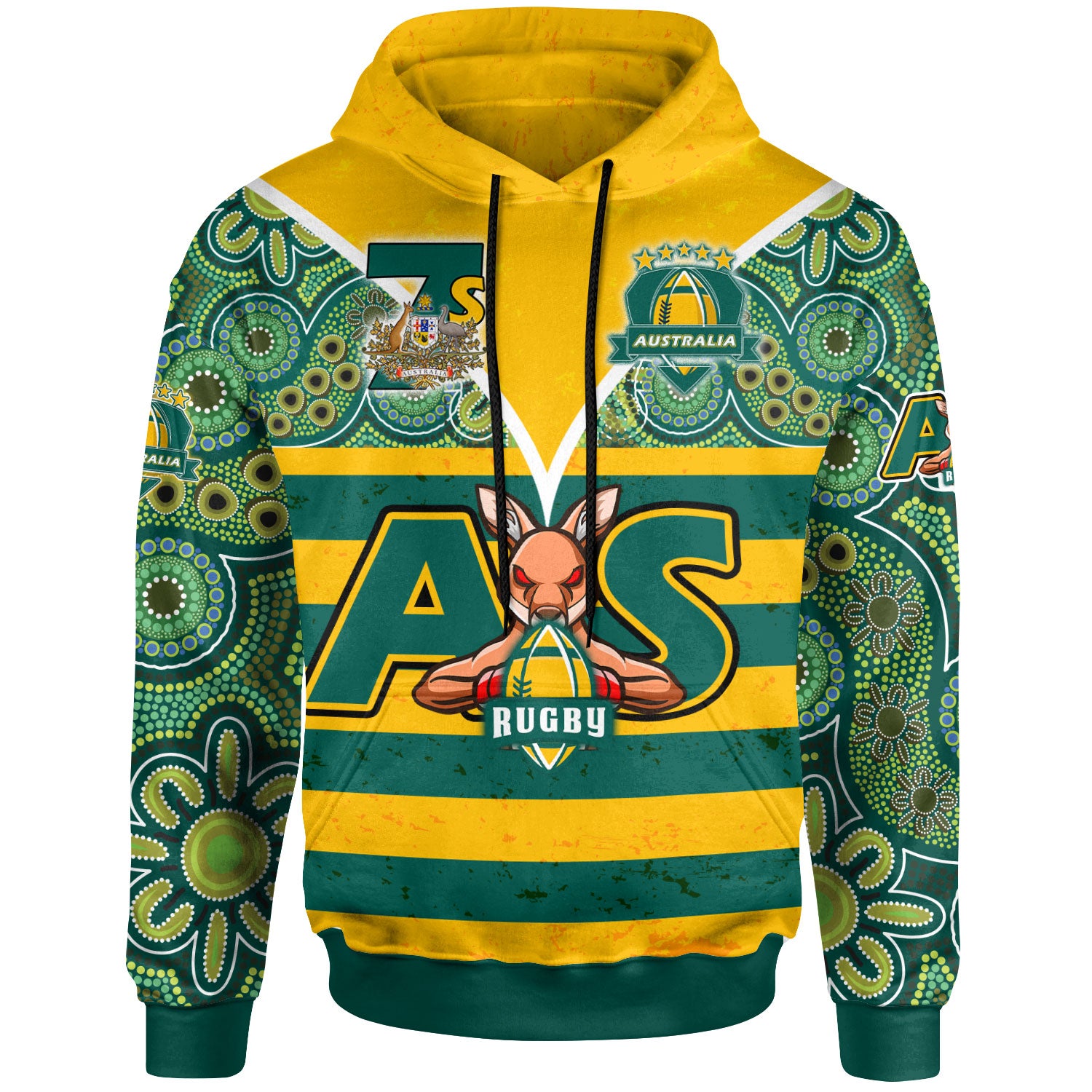 australian-rugby-sevens-mens-squad-hoodie-custom-kangaroo-mascot-rugby-aboriginal-lines-style-hoodie