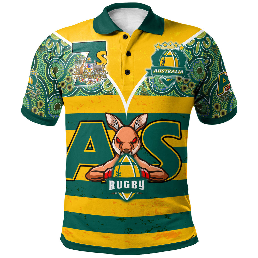 australian-rugby-sevens-mens-squad-polo-shirt-custom-kangaroo-mascot-rugby-aboriginal-lines-style-polo-shirt