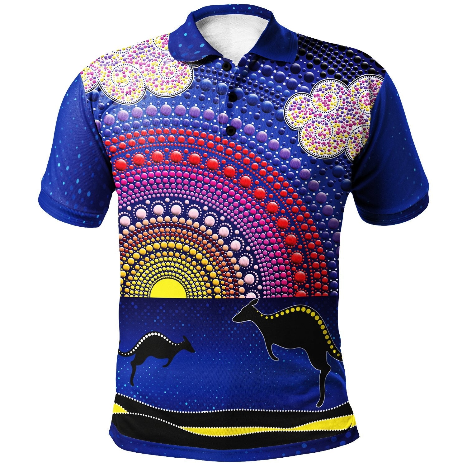 aboriginal-polo-shirts-sunset-over-the-sea-and-kangaroo-dot-painting