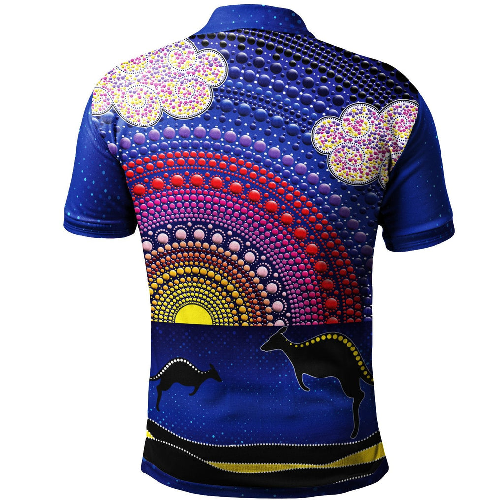 aboriginal-polo-shirts-sunset-over-the-sea-and-kangaroo-dot-painting
