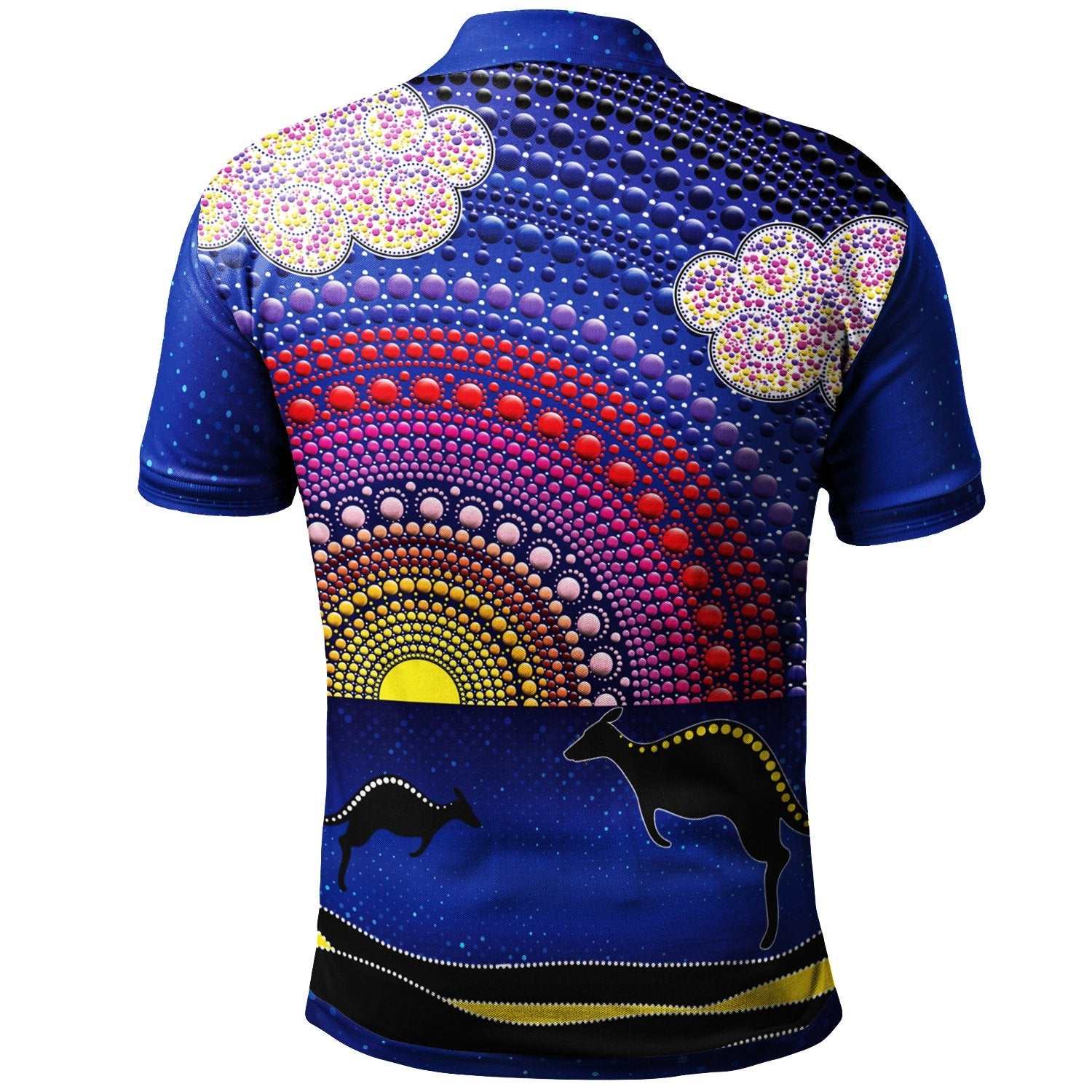 aboriginal-polo-shirts-sunset-over-the-sea-and-kangaroo-dot-painting