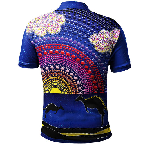 aboriginal-polo-shirts-sunset-over-the-sea-and-kangaroo-dot-painting