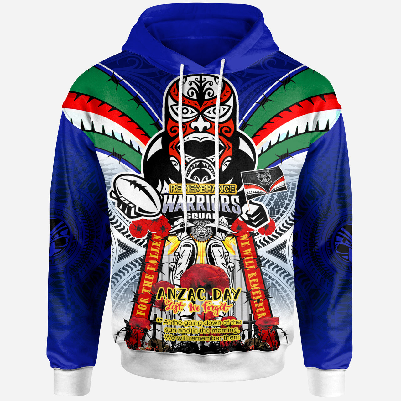 Warriors Rugby Custom Anzac Hoodie - Remembrance Warriors With Maori Mask And Aboriginal Patterns (Home and Away) LT10