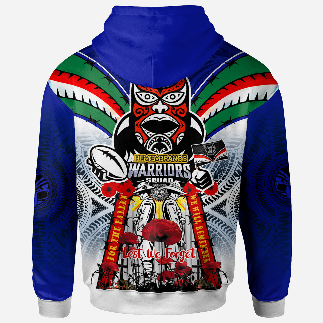 Warriors Rugby Custom Anzac Hoodie - Remembrance Warriors With Maori Mask And Aboriginal Patterns (Home and Away) LT10