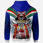 Warriors Rugby Custom Anzac Hoodie - Remembrance Warriors With Maori Mask And Aboriginal Patterns (Home and Away) LT10