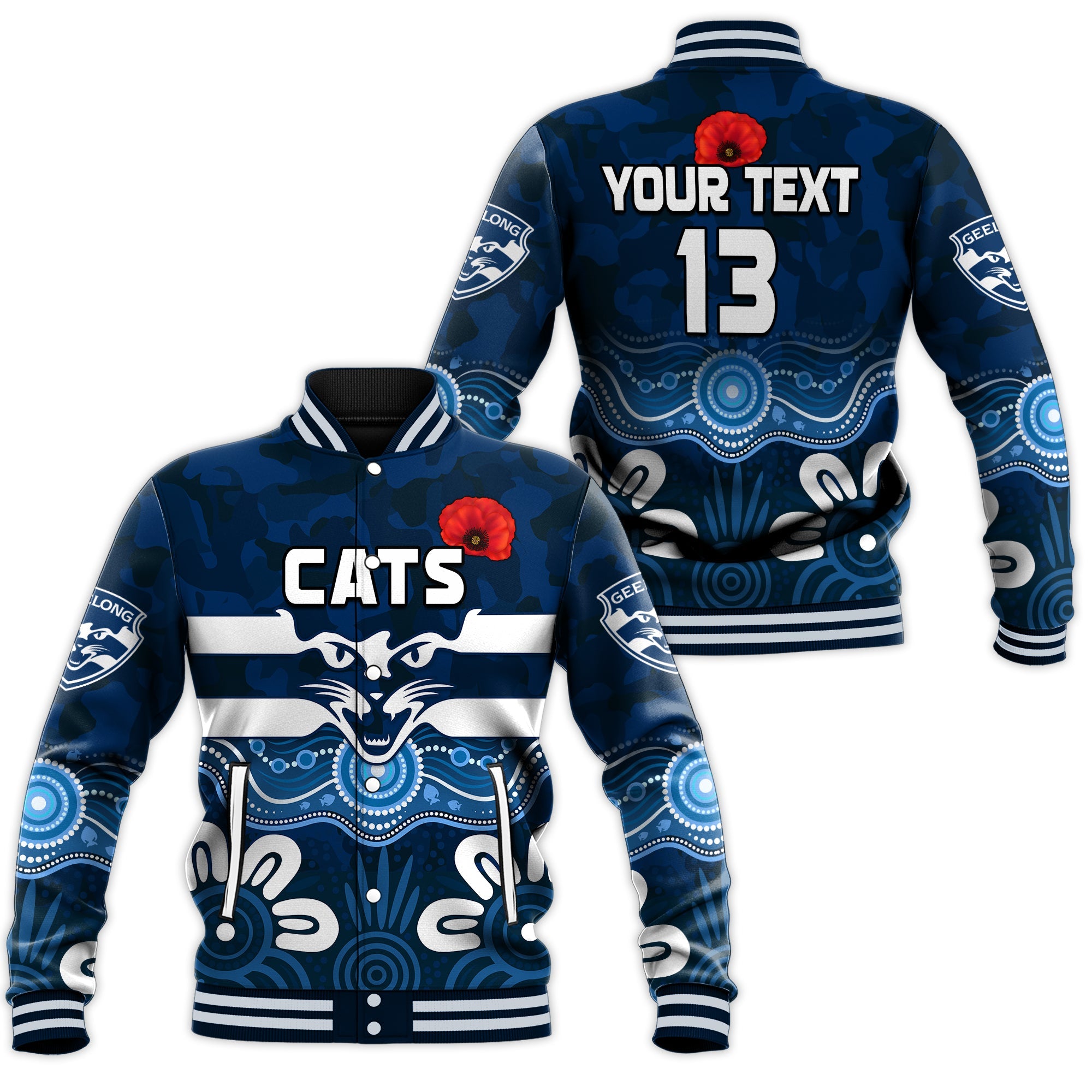 custom-text-and-number-cats-anzac-2022-baseball-jacket-geelong-football-aboriginal-poppy