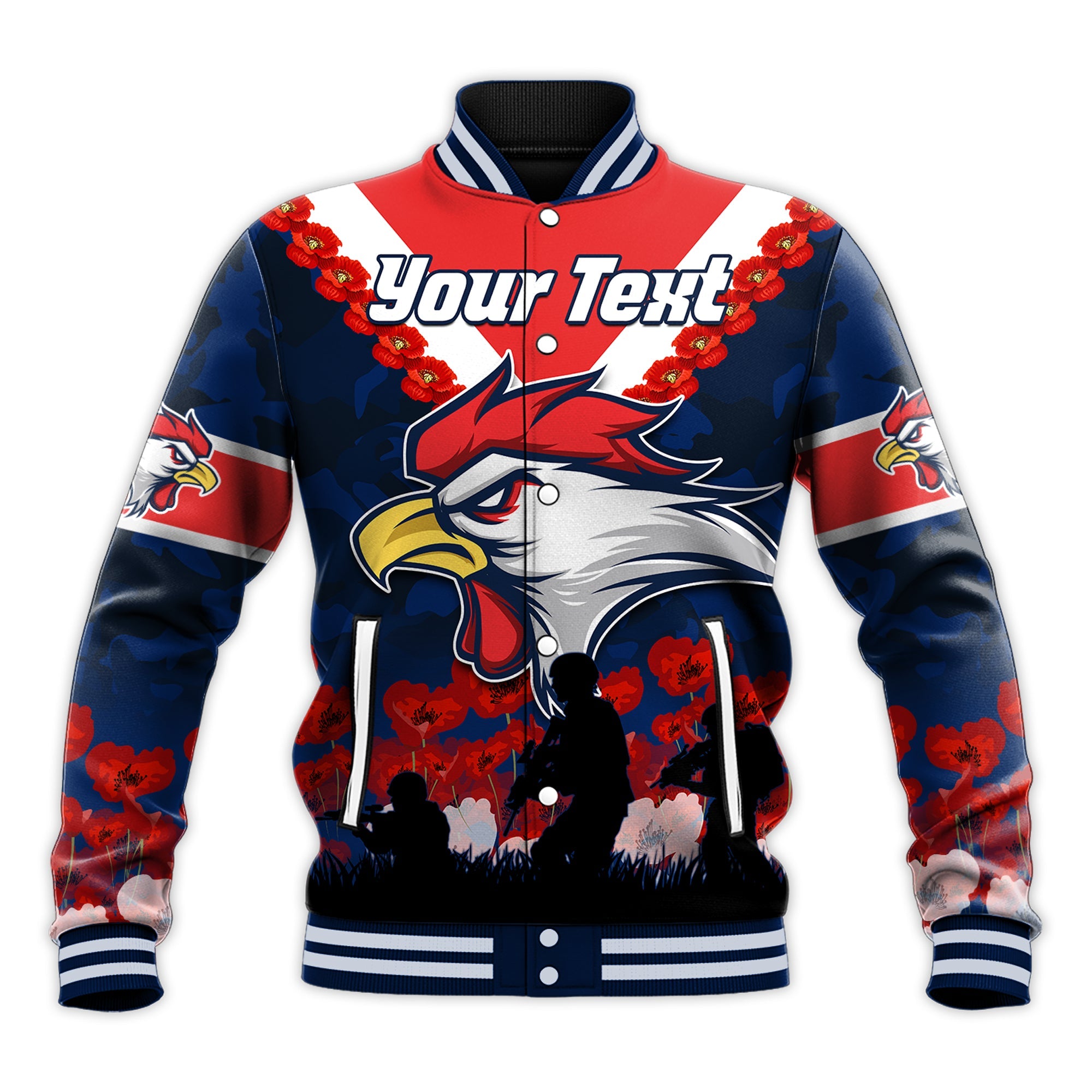 custom-personalised-roosters-anzac-2022-baseball-jacket-we-will-remember-them