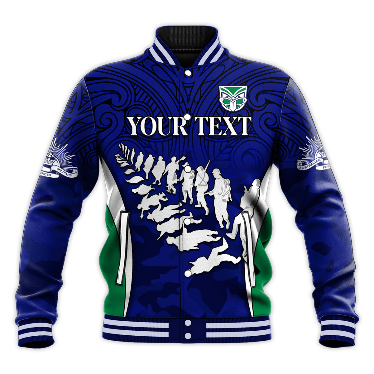 custom-personalised-warriors-anzac-2022-baseball-jacket-maori-pattern-always-remember-them