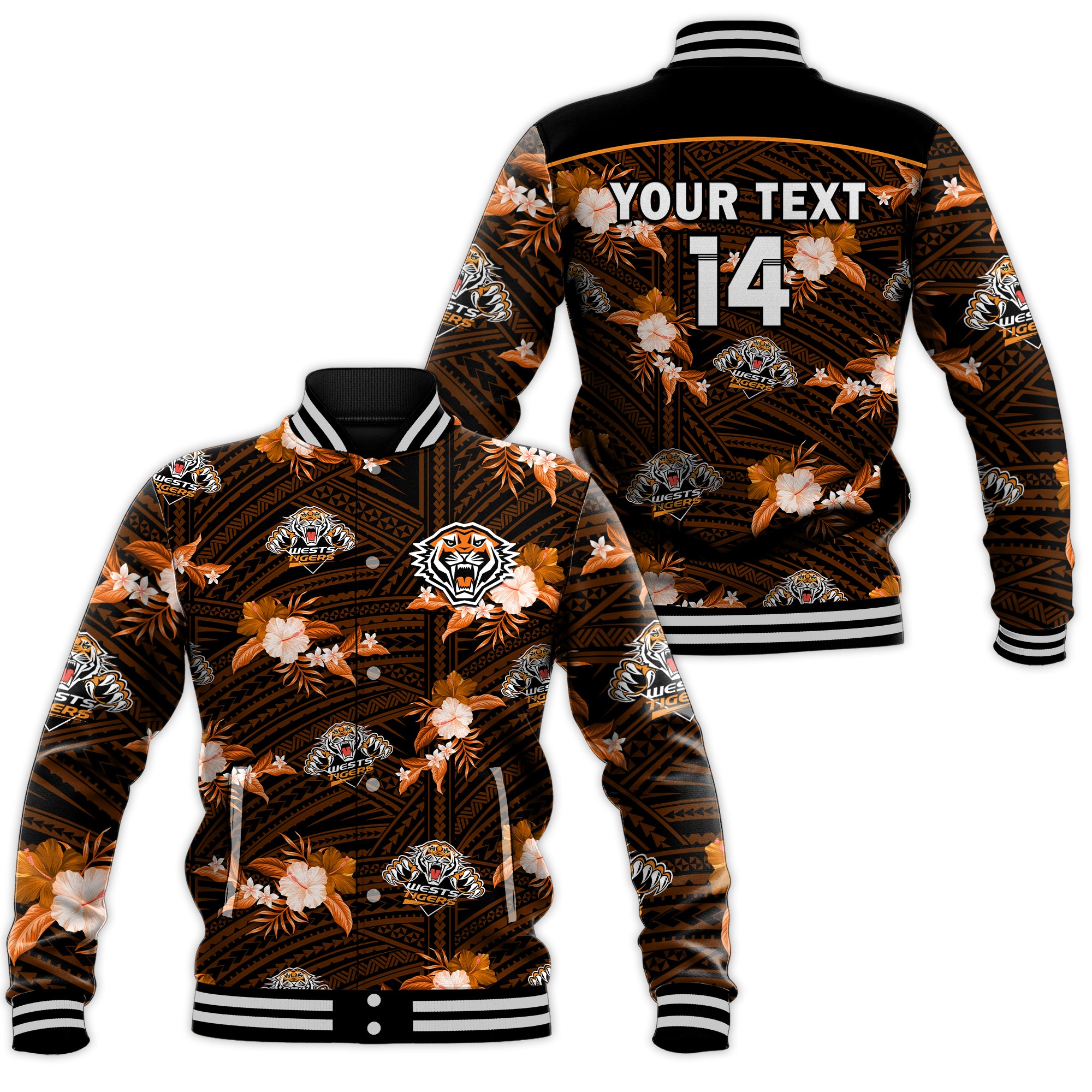 (Custom Text And Number) Wests Tigers Rugby Baseball Jacket Polynesian Tribal Mix Tropical Hawaiian Style LT14