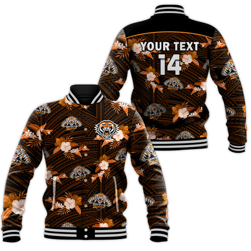 (Custom Text And Number) Wests Tigers Rugby Baseball Jacket Polynesian Tribal Mix Tropical Hawaiian Style LT14