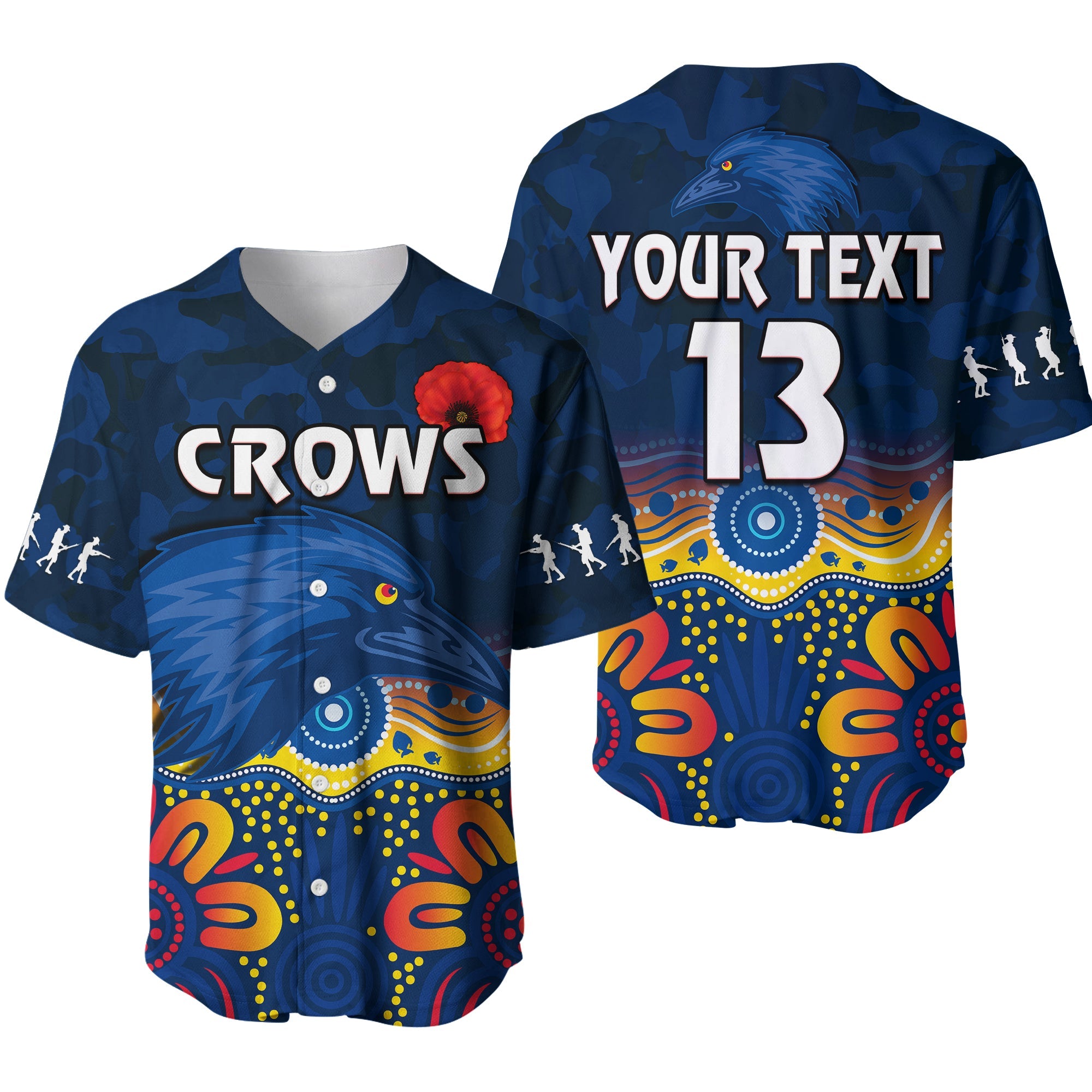 (Custom Text and Number) Crows Anzac 2022 Baseball Jersey Adelaide Football Camouflage Style LT13