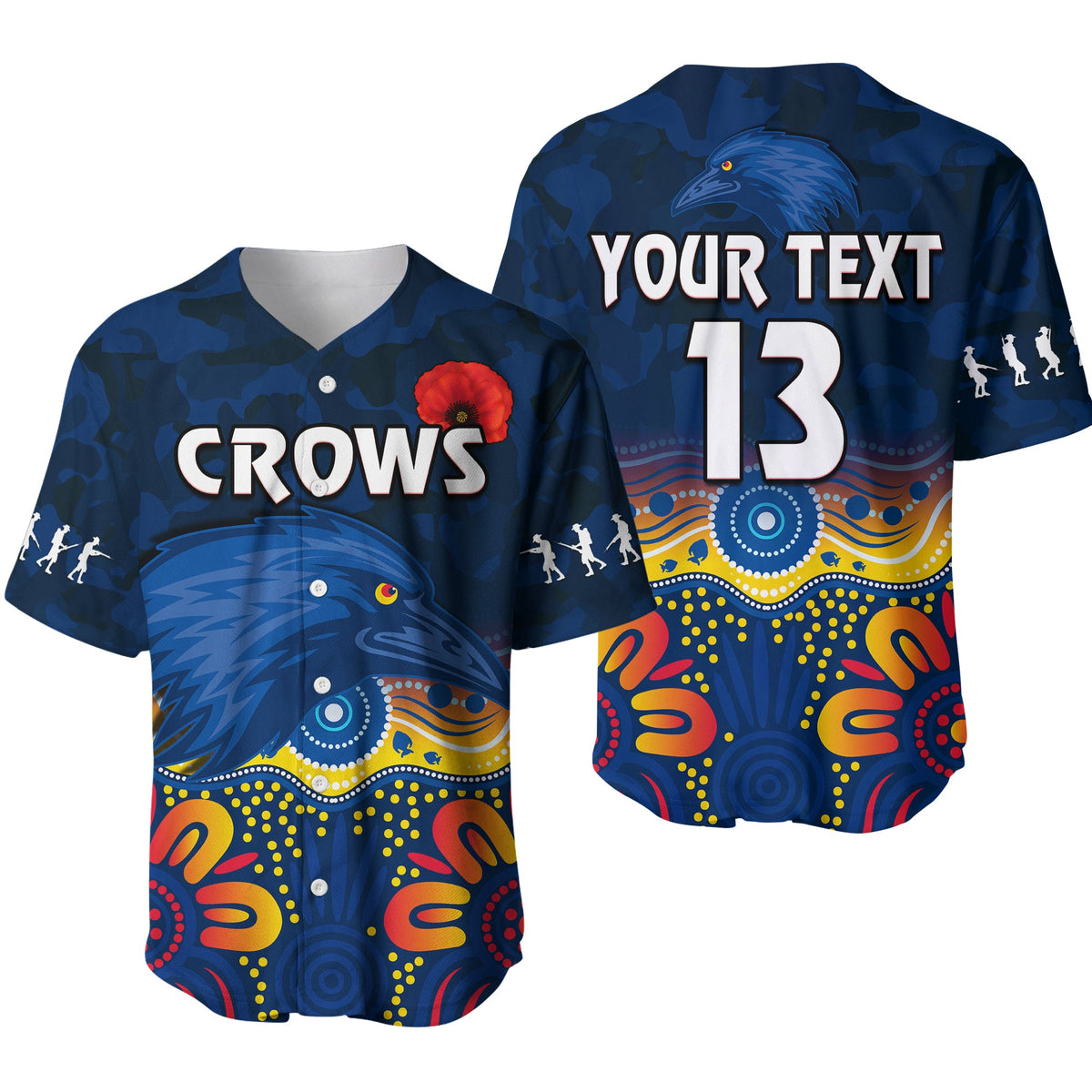 (Custom Text and Number) Crows Anzac 2022 Baseball Jersey Adelaide Football Camouflage Style LT13