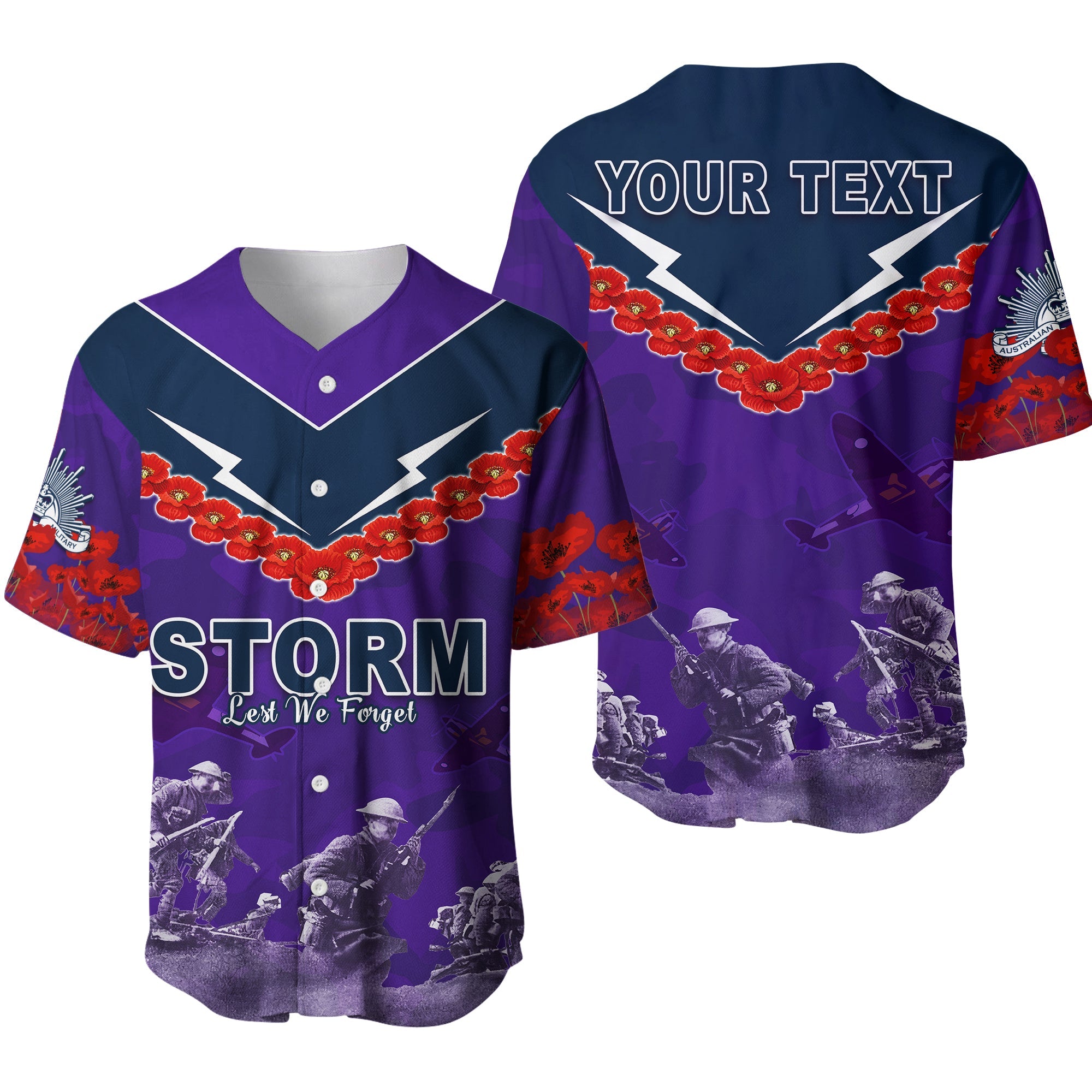 (Custom Personalised) Storm Anzac Day Baseball Jersey Australian Soldiers Remember Them LT13