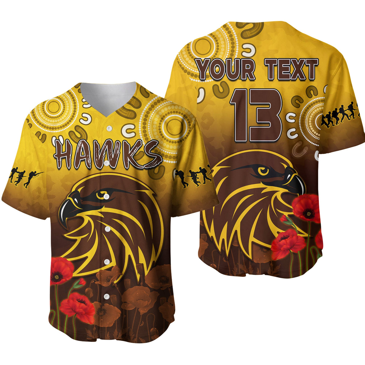 (Custom Text and Number) Hawks Anzac 2022 Baseball Jersey Hawthorn Football Aboriginal Poppy LT13