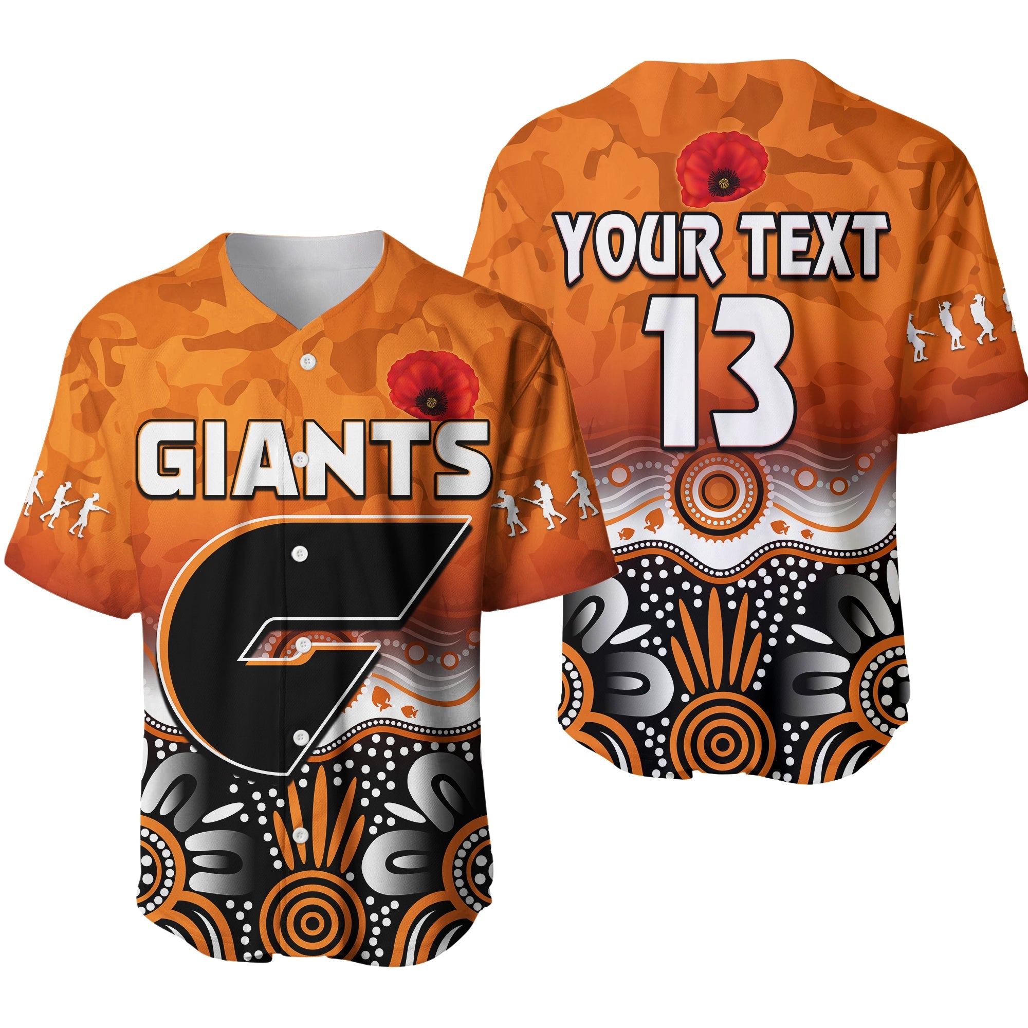 (Custom Text and Number) Giants Anzac 2022 Baseball Jersey Greater Western Sydney GWS Aboriginal Poppy LT13