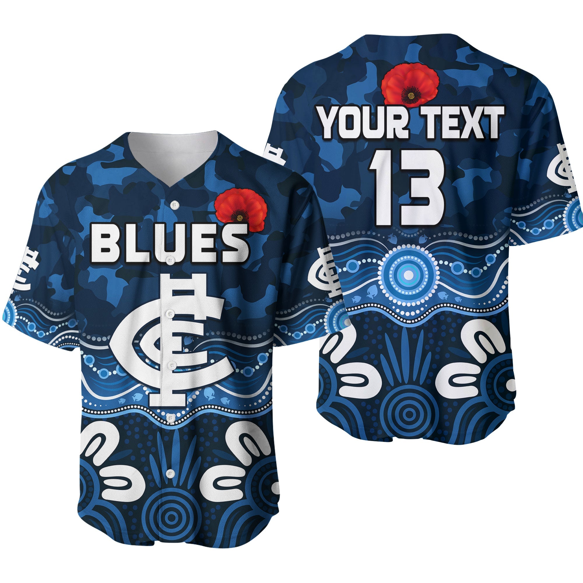 (Custom Text and Number) Blues Anzac 2022 Baseball Jersey Carlton Football Aboriginal Poppy LT13