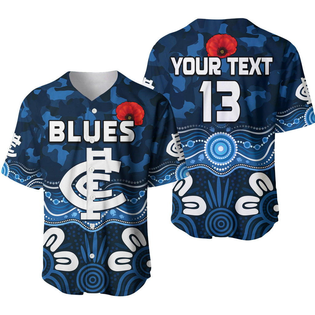 (Custom Text and Number) Blues Anzac 2022 Baseball Jersey Carlton Football Aboriginal Poppy LT13